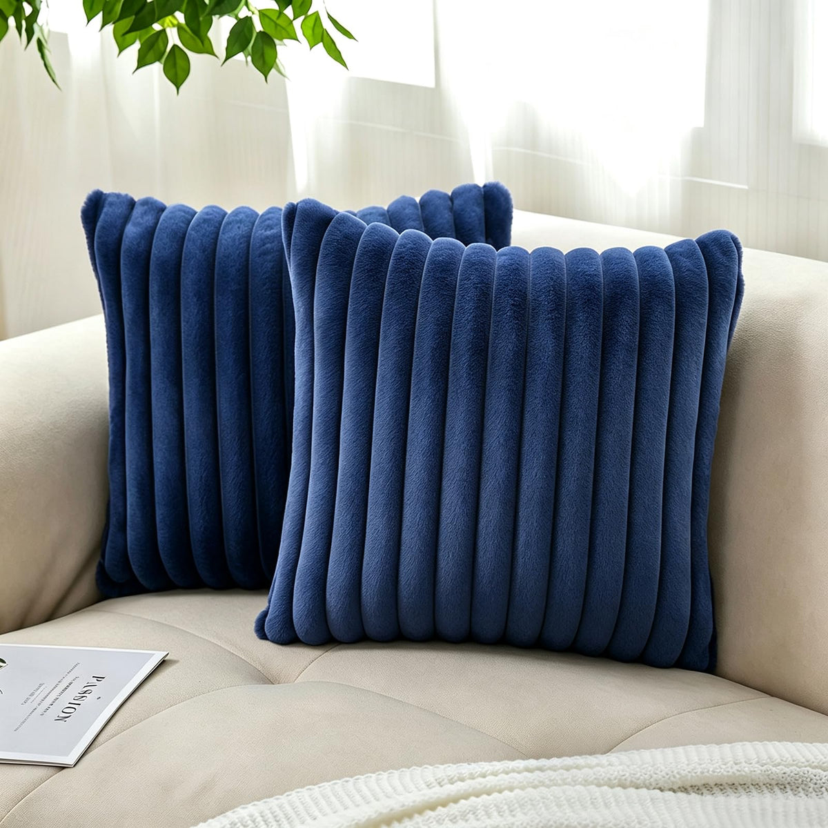 Pack of 2 Faux Fur Striped Decorative Throw Pillow Covers, Square Striped Cushion Covers, Modern Farmhouse Style Home Decor, Suitable for Living Room Sofas and Sofa Beds(Beige, 18" x 18")