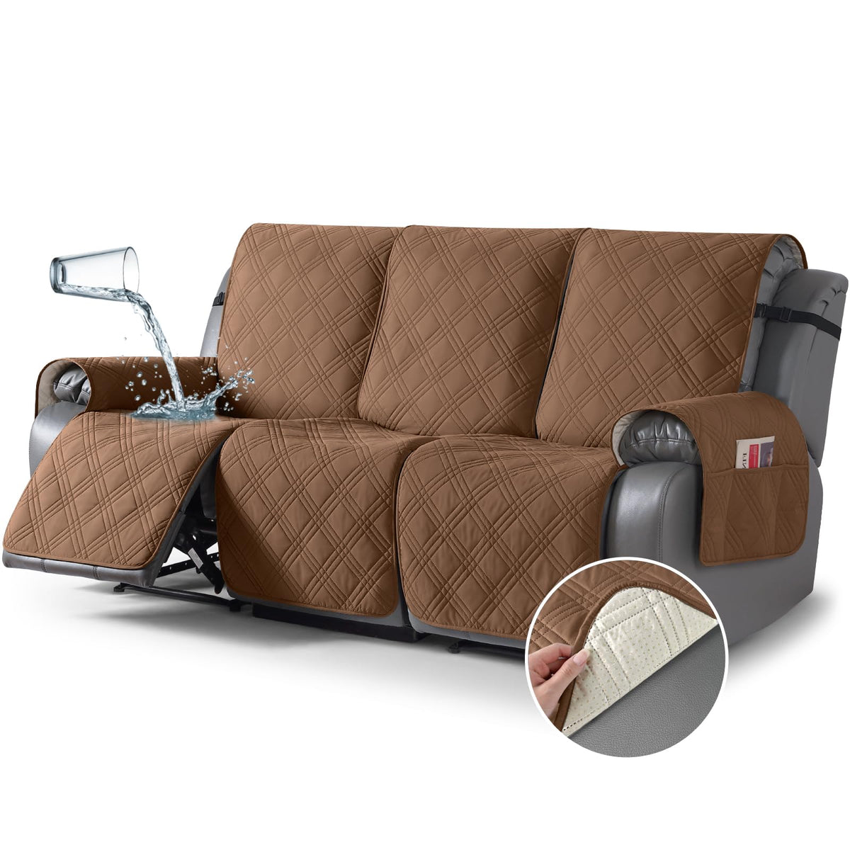 TAOCOCO 100% Waterproof Recliner Sofa Cover Non Slip Couch Cover for 3 Seat Reclining Sofa, Split Reclining Couch Covers 3-Piece with Straps, Washable Sofa Slipcover for Kids Pets(3 Seater, Chocolate)