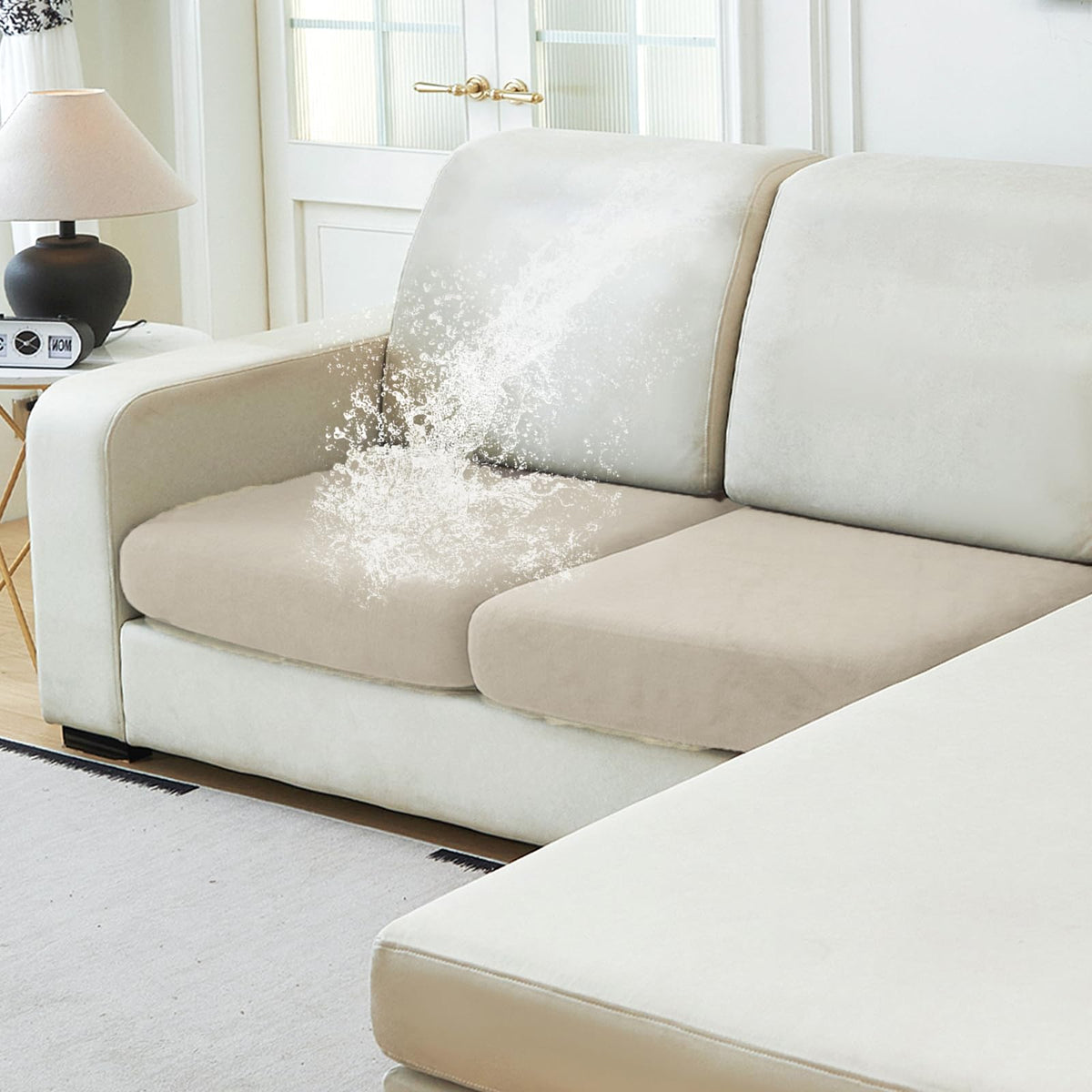 NAISI Waterproof Couch Cushion Covers Thick Velvet Fabric Washable Sofa Slipcovers Sectional Couch Covers for 4 Pieces Separate L Shape Couch Cover with Elastic Bottom(3 Seater + 1 Chaise,Grey)
