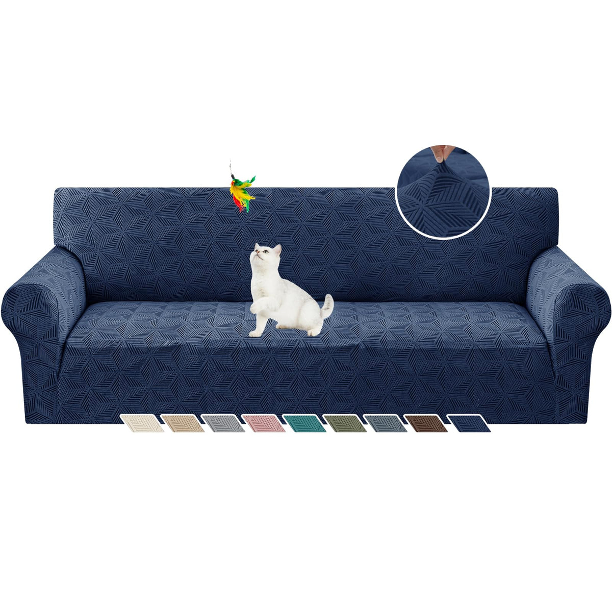 YEMYHOM 1 Piece Stretch Couch Covers for 3 Cushion Couch, Jacquard Sofa Cover with Non-Slip Elastic Bottom, Thickened Slipcover Furniture Protector for Dogs Pets (Large, Navy)