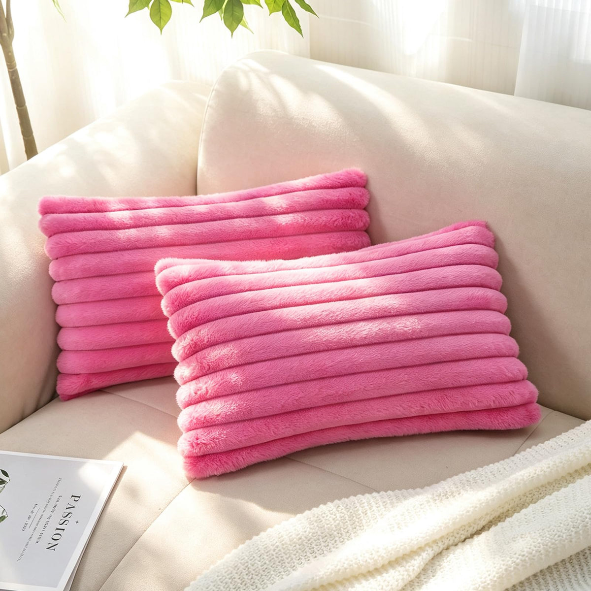 Pack of 2 Faux Fur Striped Decorative Throw Pillow Covers, Square Striped Cushion Covers, Modern Farmhouse Style Home Decor, Suitable for Living Room Sofas and Sofa Beds(Beige, 18" x 18")