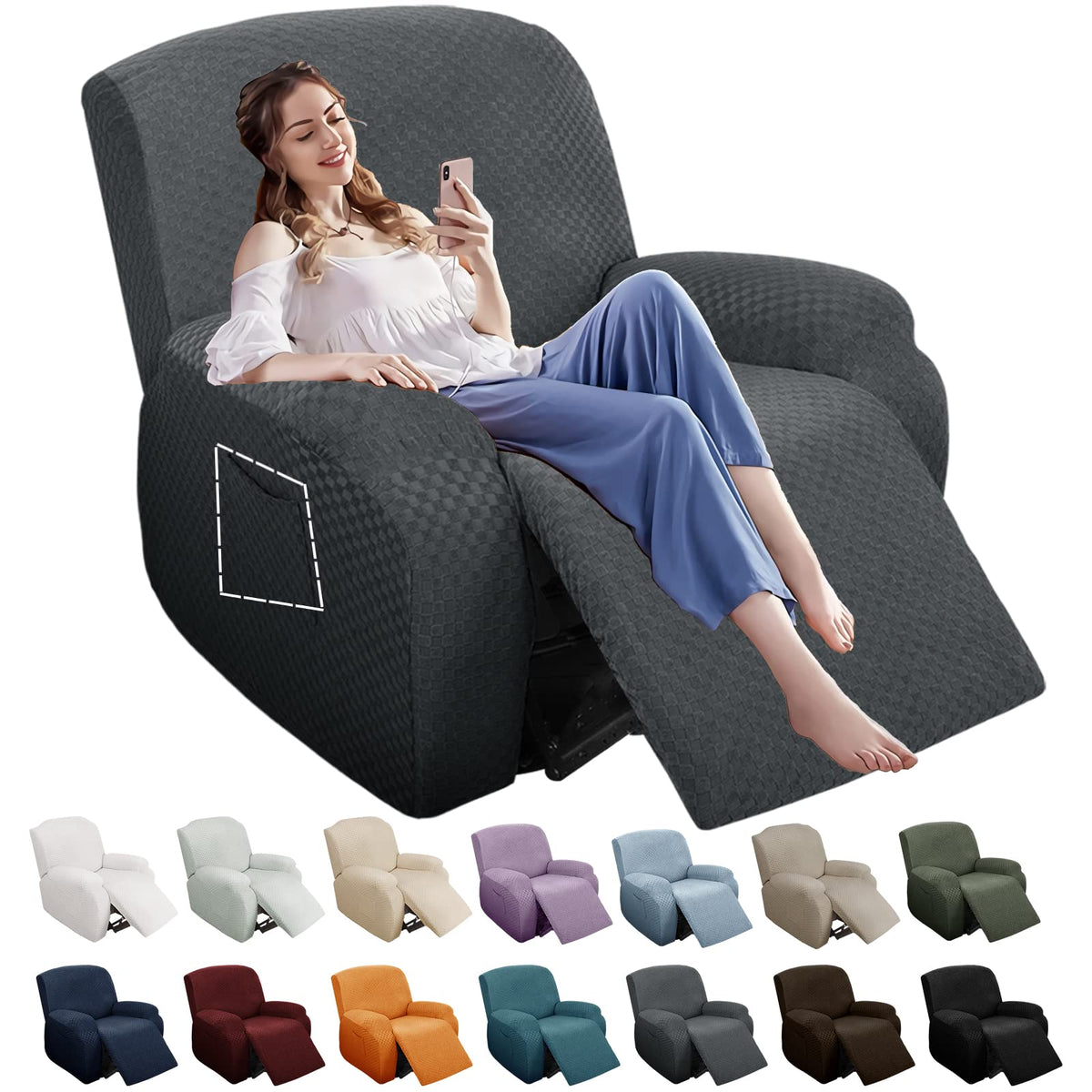 YEMYHOM 8 Pieces Stretch Recliner Sofa Cover Latest Jacquard Reclining Couch Cover with Side Pocket Anti-Slip Fitted 3 Cushion Furniture Slipcovers with Elastic Bottom (Sofa Recliner, Light Gray)