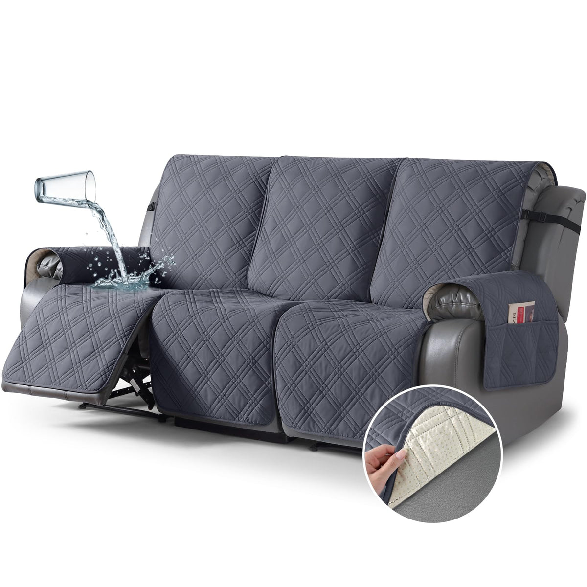 TAOCOCO 100% Waterproof Recliner Sofa Cover Non Slip Couch Cover for 3 Seat Reclining Sofa, Split Reclining Couch Covers 3-Piece with Straps, Washable Sofa Slipcover for Kids Pets(3 Seater, Chocolate)
