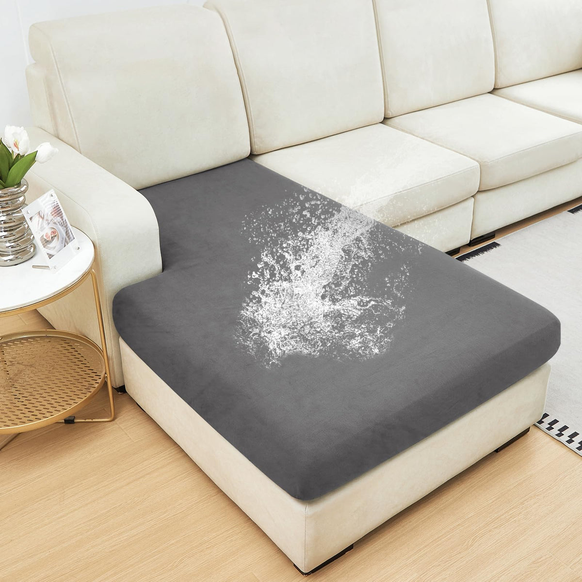 NAISI Waterproof Couch Cushion Covers Thick Velvet Fabric Washable Sofa Slipcovers Sectional Couch Covers for 4 Pieces Separate L Shape Couch Cover with Elastic Bottom(3 Seater + 1 Chaise,Grey)