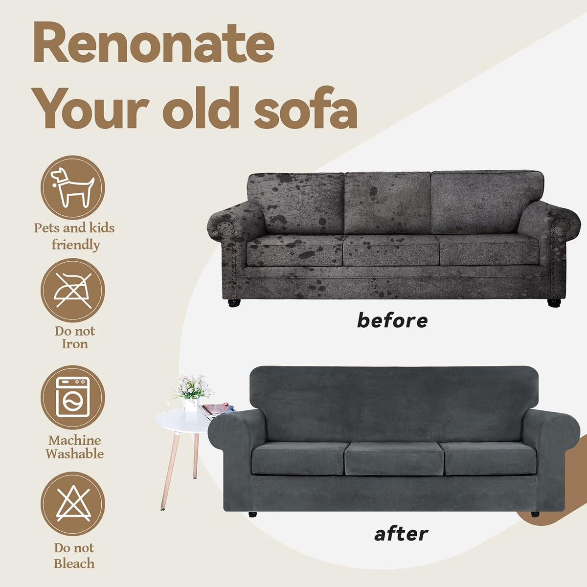 WEERRW 4 Pieces Couch Cover for Sofa Velvet Sofa Covers Washable, Dark Grey