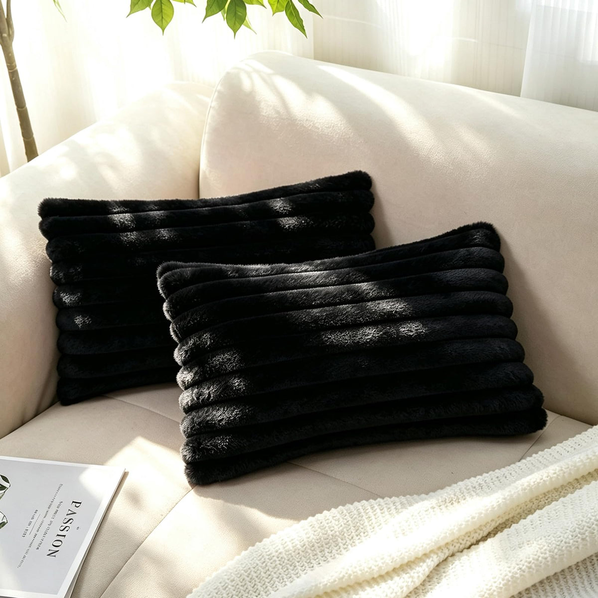 Pack of 2 Faux Fur Striped Decorative Throw Pillow Covers, Square Striped Cushion Covers, Modern Farmhouse Style Home Decor, Suitable for Living Room Sofas and Sofa Beds(Beige, 18" x 18")