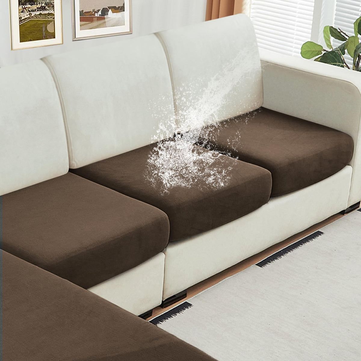 NAISI Waterproof Couch Cushion Covers Thick Velvet Fabric Washable Sofa Slipcovers Sectional Couch Covers for 4 Pieces Separate L Shape Couch Cover with Elastic Bottom(3 Seater + 1 Chaise,Grey)