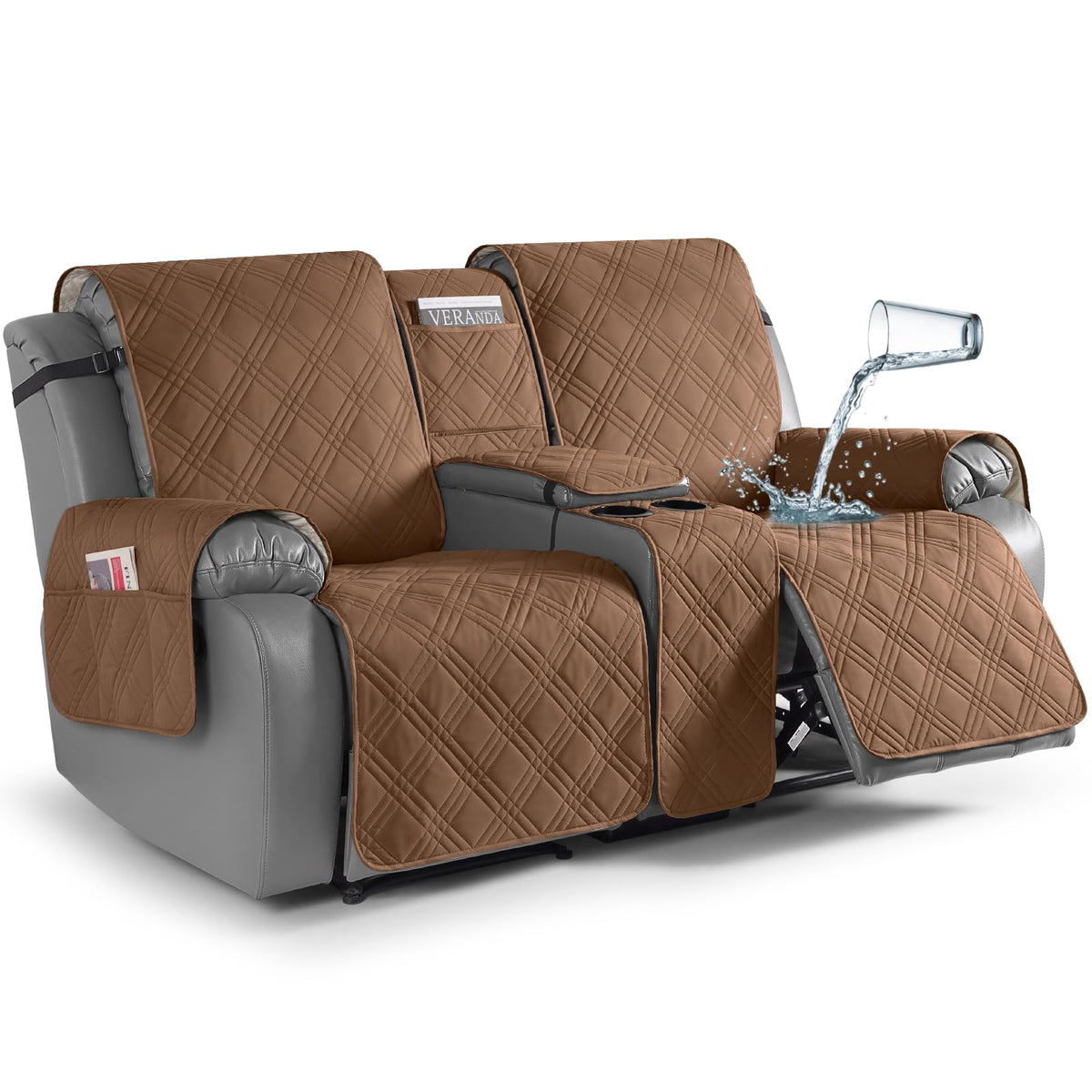 TAOCOCO Loveseat Recliner Cover with Center Console, 100% Waterproof Pet Cover for Dual Recliner with Straps Design, Split Reclining Loveseat Covers Furniture Pet&Kids Protector (2 Seater, Chocolate)