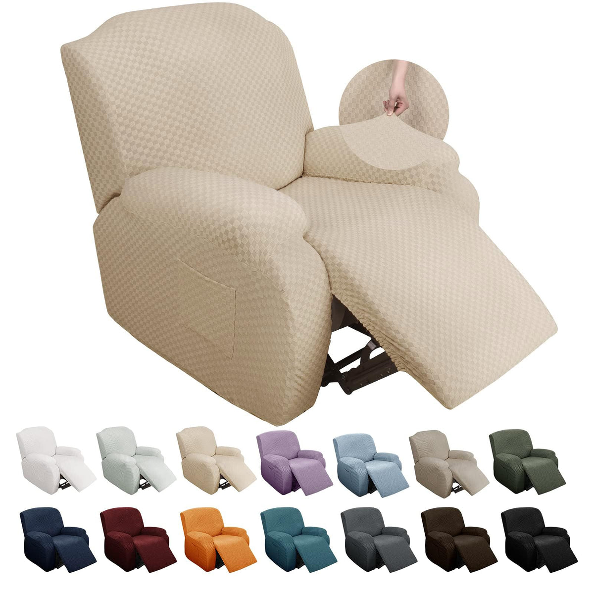 YEMYHOM 8 Pieces Stretch Recliner Sofa Cover Latest Jacquard Reclining Couch Cover with Side Pocket Anti-Slip Fitted 3 Cushion Furniture Slipcovers with Elastic Bottom (Sofa Recliner, Light Gray)