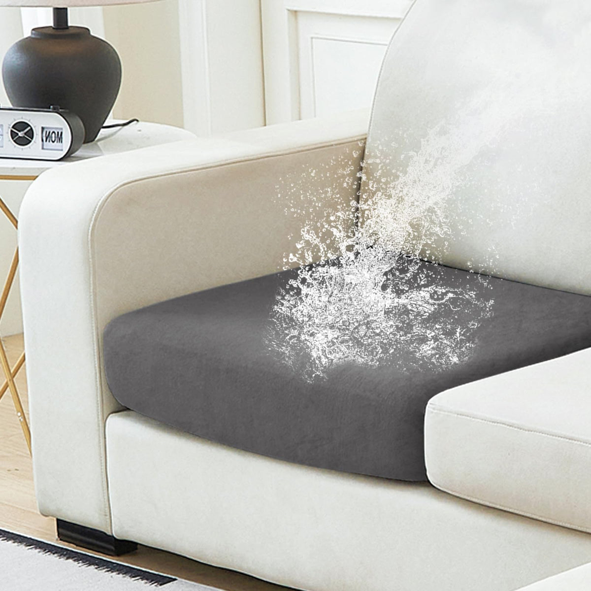 NAISI Waterproof Couch Cushion Covers Thick Velvet Fabric Washable Sofa Slipcovers Sectional Couch Covers for 4 Pieces Separate L Shape Couch Cover with Elastic Bottom(3 Seater + 1 Chaise,Grey)