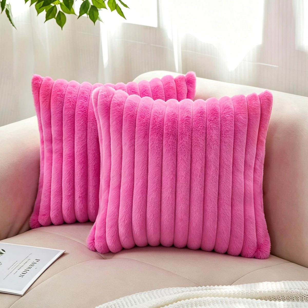 Pack of 2 Faux Fur Striped Decorative Throw Pillow Covers, Square Striped Cushion Covers, Modern Farmhouse Style Home Decor, Suitable for Living Room Sofas and Sofa Beds(Beige, 18" x 18")