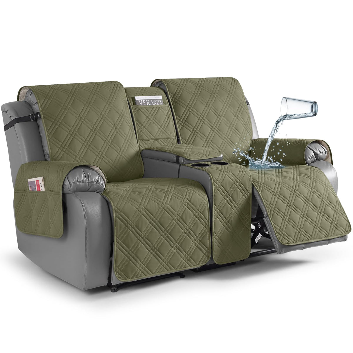 TAOCOCO Loveseat Recliner Cover with Center Console, 100% Waterproof Pet Cover for Dual Recliner with Straps Design, Split Reclining Loveseat Covers Furniture Pet&Kids Protector (2 Seater, Chocolate)