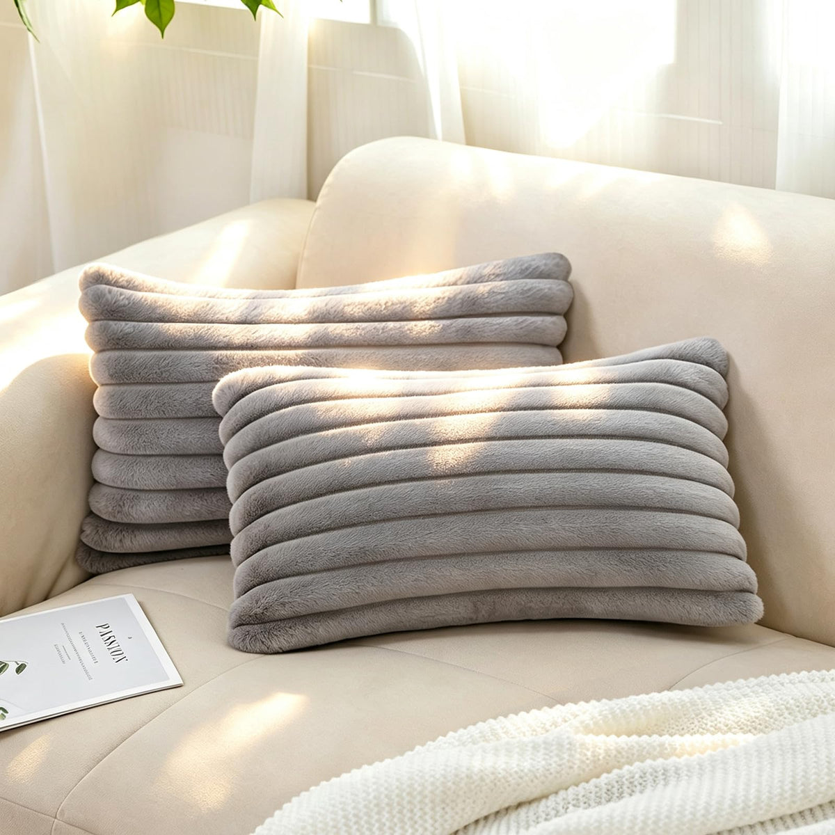 Pack of 2 Faux Fur Striped Decorative Throw Pillow Covers, Square Striped Cushion Covers, Modern Farmhouse Style Home Decor, Suitable for Living Room Sofas and Sofa Beds(Beige, 18" x 18")