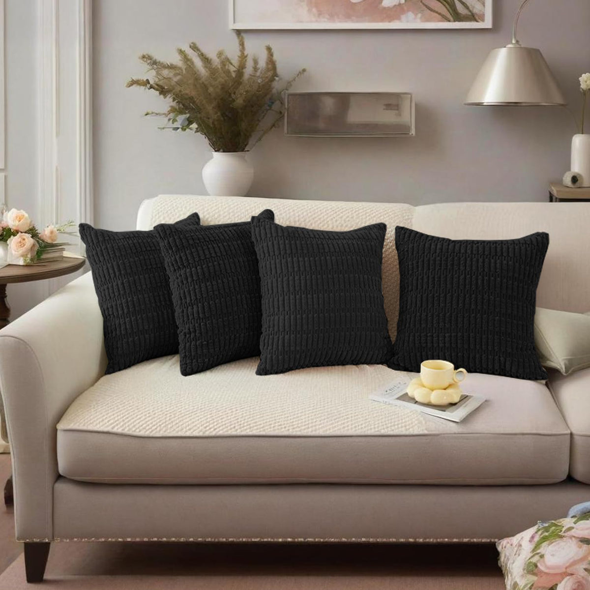 Hibate 4 Pack Neutral Corduroy Decorative Boho Couch Throw Pillow Covers 18x18 Inch for Sofa Living Room Bedroom Home Decor