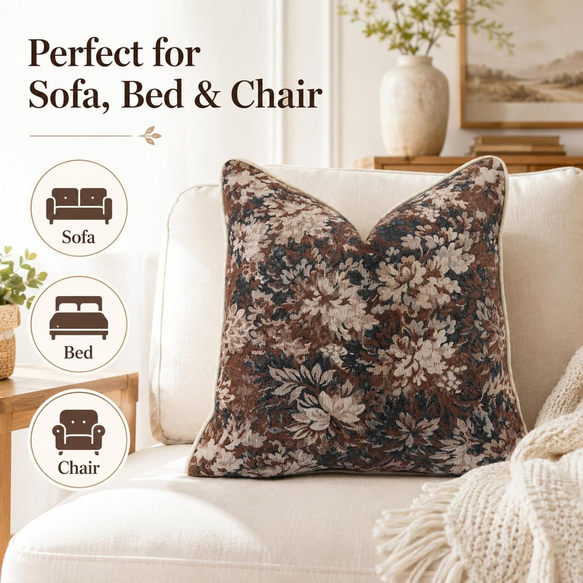 CROWNED BEAUTY Farmhouse Floral Throw Pillow Covers, 20x20, Brown, Set of 2
