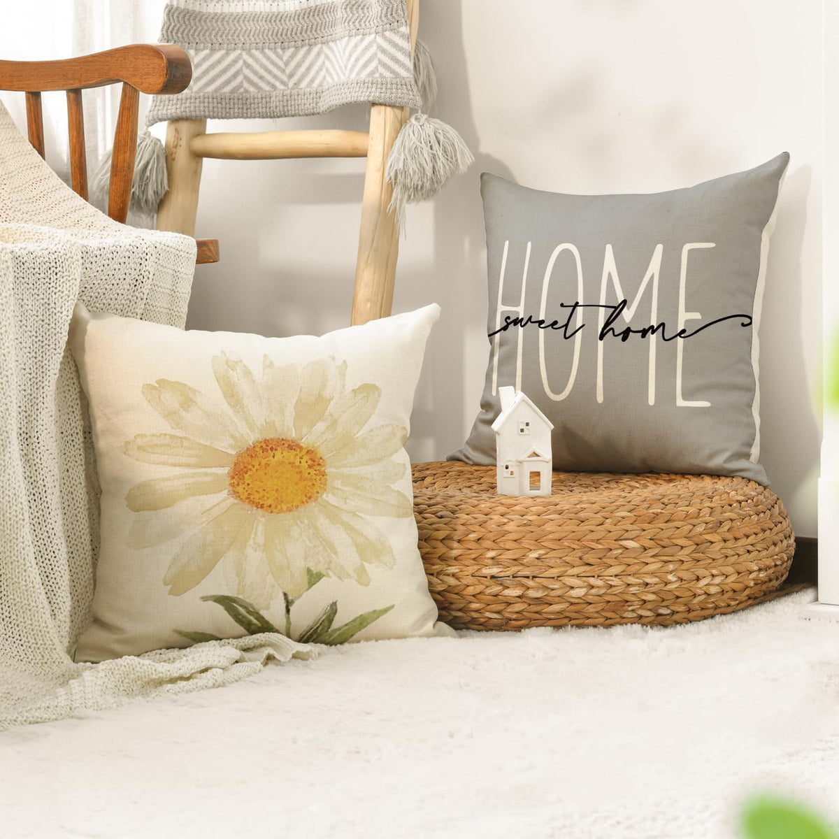 AVOIN colorlife Home Sweet Home Spring Summer Flowers Throw Pillow Covers, 18 x 18 Inch Grey Cushion Case for Sofa Couch Set of 4