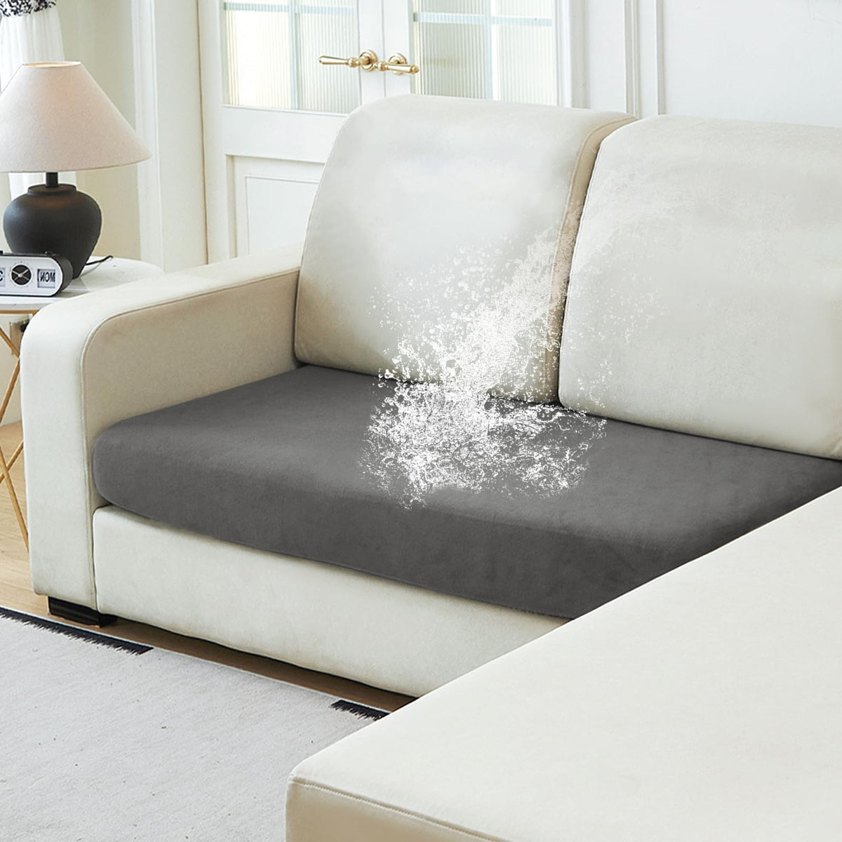 NAISI Waterproof Couch Cushion Covers Thick Velvet Fabric Washable Sofa Slipcovers Sectional Couch Covers for 4 Pieces Separate L Shape Couch Cover with Elastic Bottom(3 Seater + 1 Chaise,Grey)