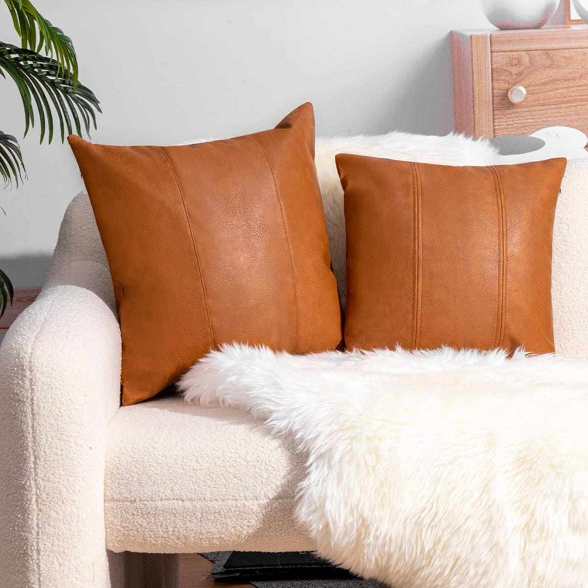 Faux Leather Throw Pillow Cover 18X18 Inch Set of 2 Brown Outdoor Modern Farmhouse Solid Decorative Pillow Covers for Room Couch Living Bedroom Bed Sofa
