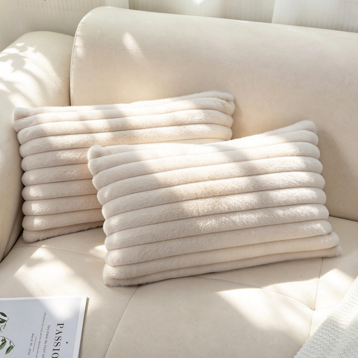 Pack of 2 Faux Fur Striped Decorative Throw Pillow Covers, Square Striped Cushion Covers, Modern Farmhouse Style Home Decor, Suitable for Living Room Sofas and Sofa Beds(Beige, 18" x 18")