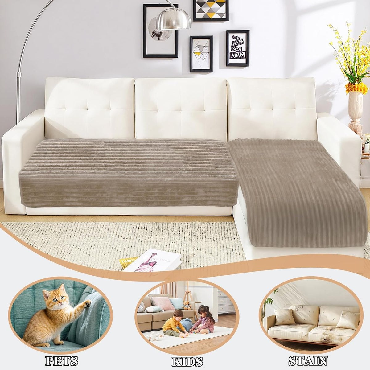 NAISI Couch Covers for Dogs Waterproof Flannel Striped Sofa Cover Pet Friendly Washable Dog Mat for Couch Anti Slip Sectional Sofa Slipcover Protector(2pcs/35"x63"+35"x70",Khaki)