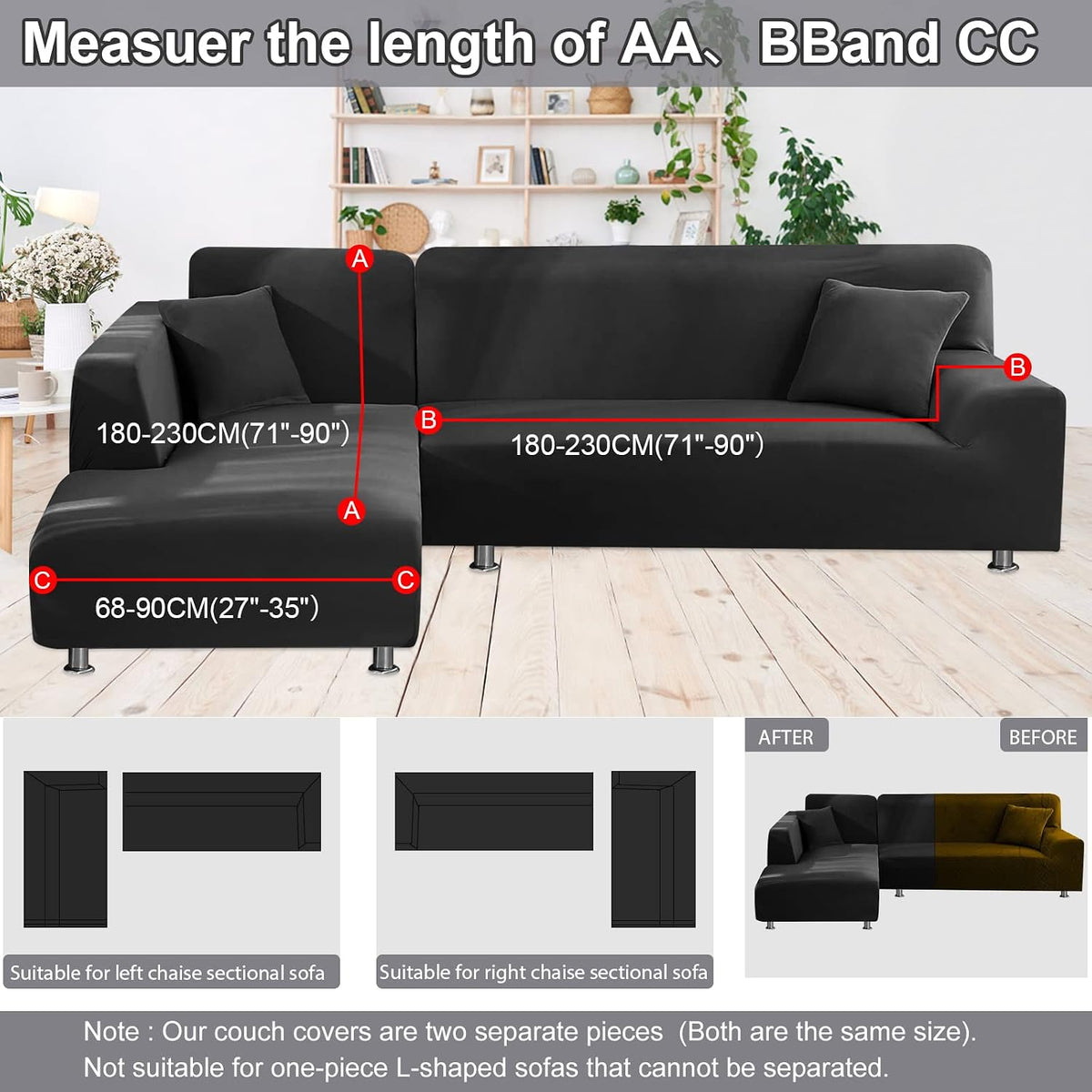 NAISI Couch Cover L Shape 2 Pieces Sofa Cover Soft Stretch Slipcovers with 2pcs Pillowcases Furniture Protector Sectional Couch Covers 3 Seater + 3 Seater(Black)