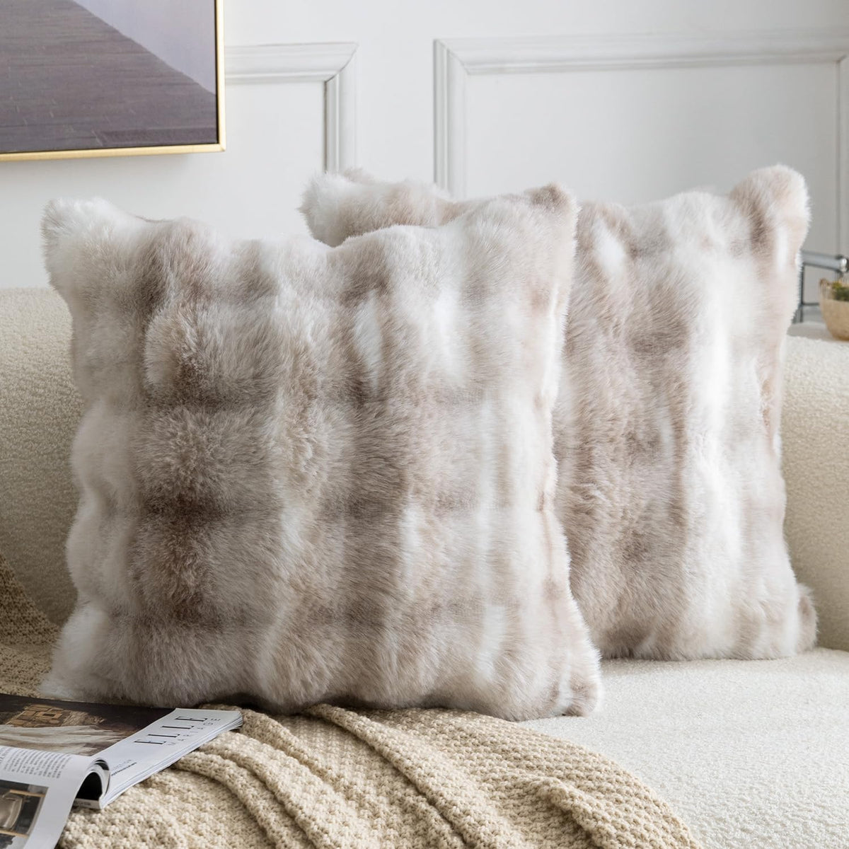 MADIZZ Pack of 2 Thick Plush Faux Wool Throw Pillow Covers Soft Boho Throw Pillows Luxurious Cushion Covers for Couch Sofa Bedroom Living Room Home Decor 18x18 Inch Cream