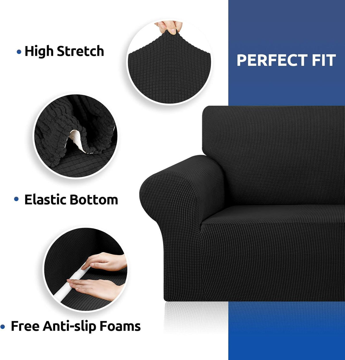 KEKUOU Stretch Couch Covers for Sofa, 3 Cushion Couch Slipcover,Black