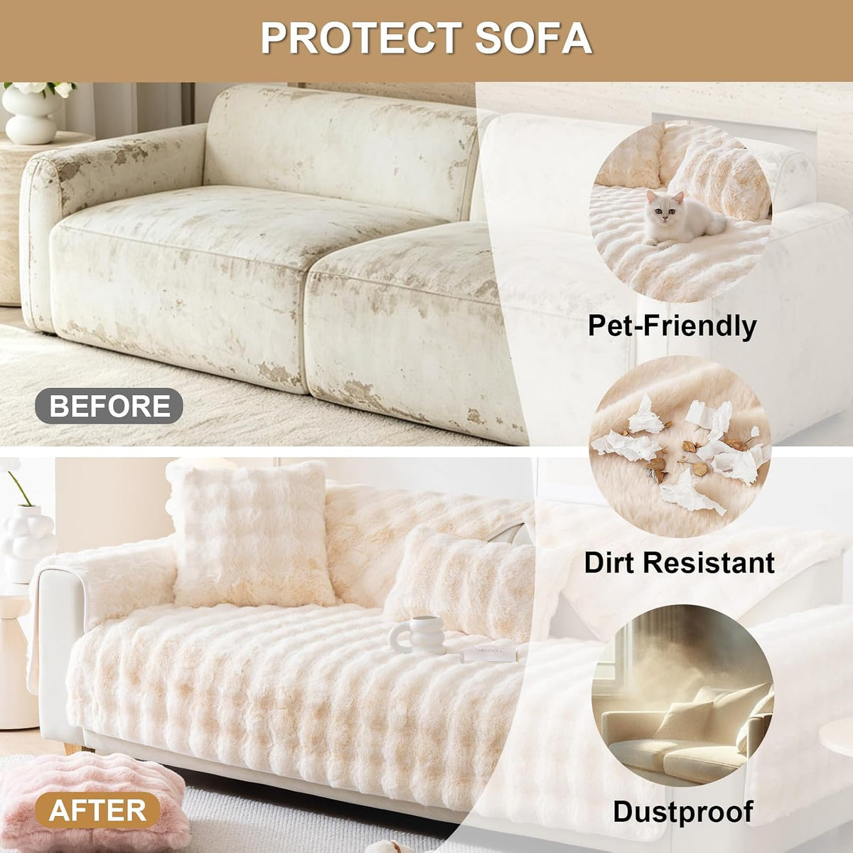 Faux Fur Sofa Cover, Rabbit Plush Couch Cover, Non-Slip Couch Covers Washable, Cosy Plush Sofa Slipcover, Furniture Protector for L Shaped(1pc/ White /36"x70")