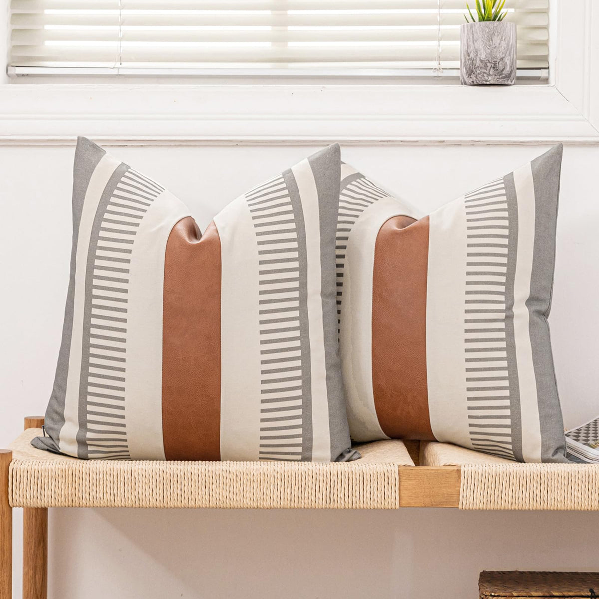 Decorative Striped Throw Pillow Cover 18x18 Black White & Brown