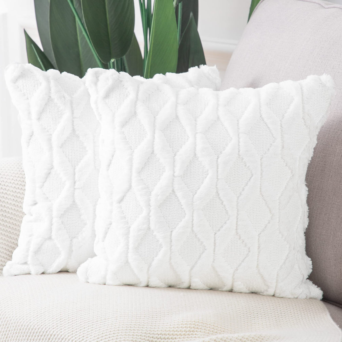 MADIZZ Set of 2 Soft Polyester Short Wool Velvet Decorative Throw Pillow Covers 18x18 inch Beige Square Luxury Style Cushion Cases Pillow Shell for Sofa Bedroom