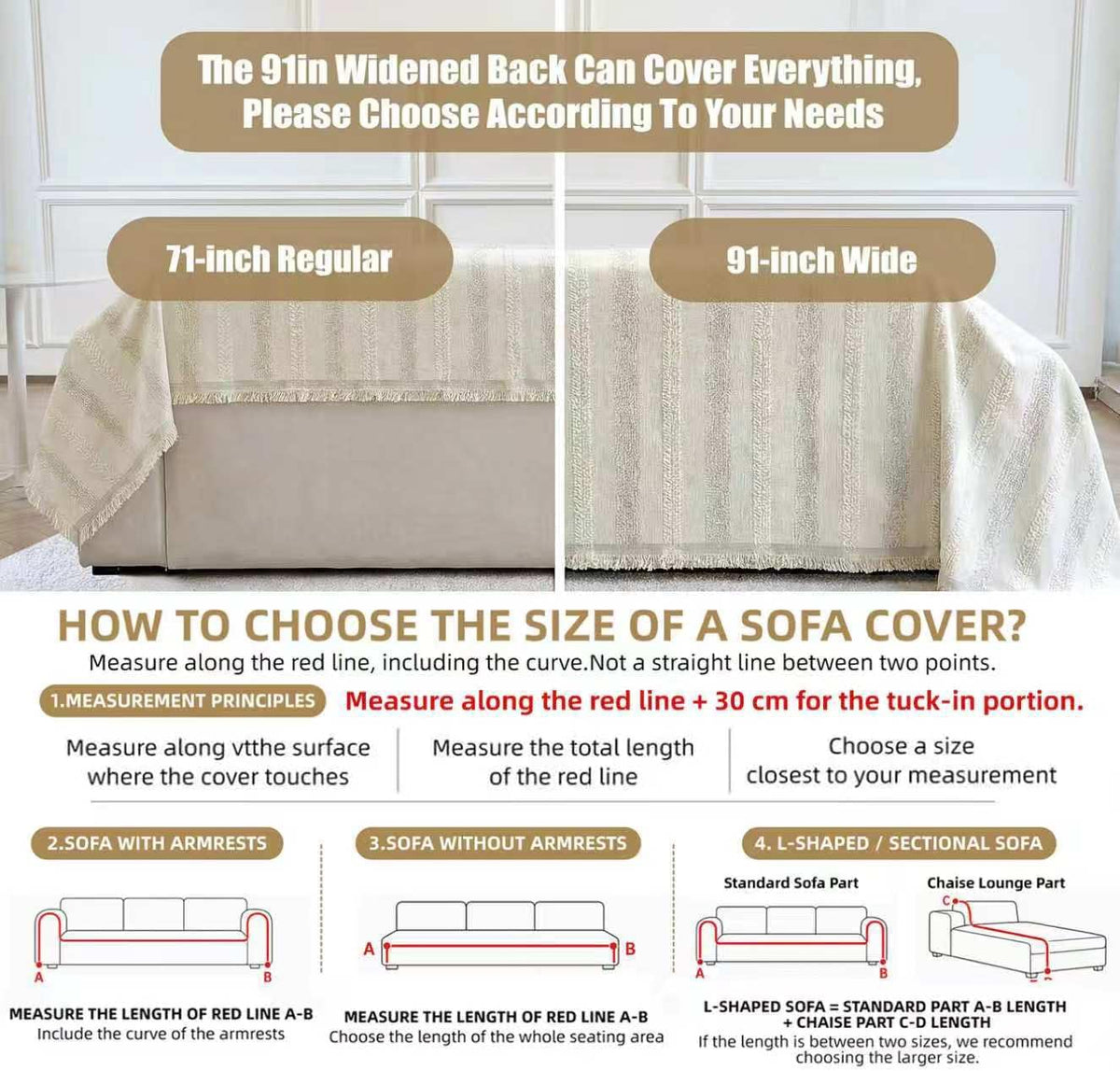 Couch Cover for Dogs Washable Sofa Cover, Sectional Couch Covers, Sofa Covers for 2 Cushion Couch, Non Slip Stripe Sofa Slipcovers Furniture Protector (Beige, 71x102)