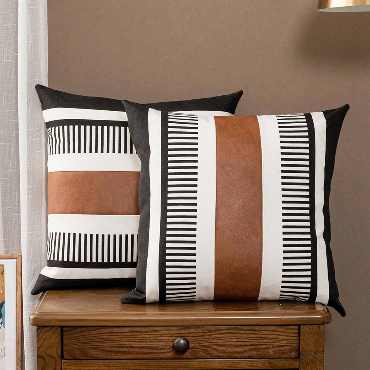 Decorative Striped Throw Pillow Cover 18x18 Black White & Brown