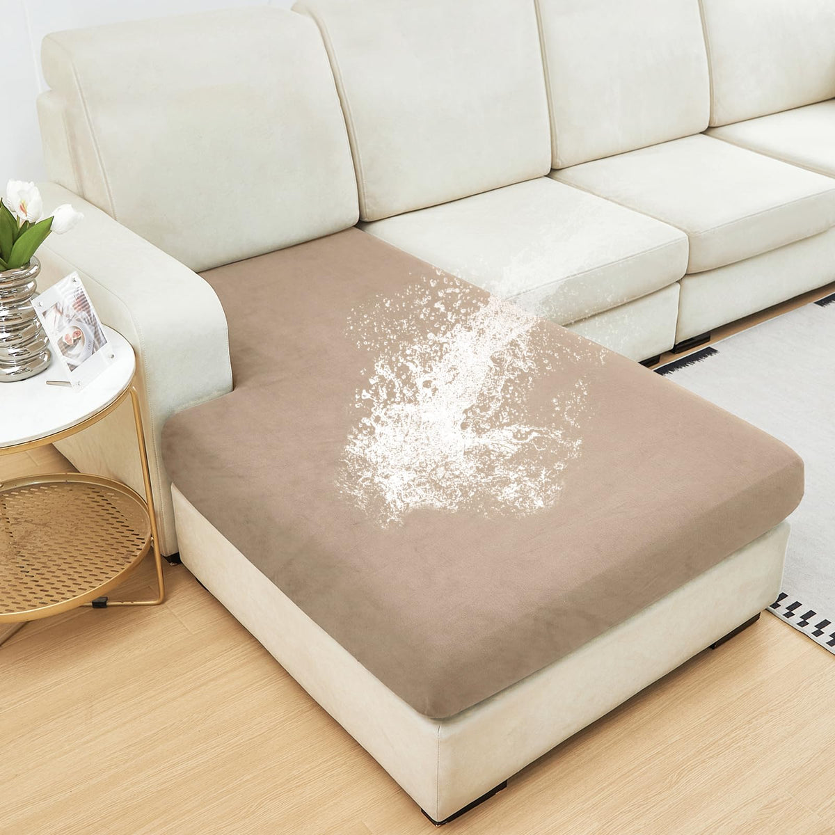 NAISI Waterproof Couch Cushion Covers Thick Velvet Fabric Washable Sofa Slipcovers Sectional Couch Covers for 4 Pieces Separate L Shape Couch Cover with Elastic Bottom(3 Seater + 1 Chaise,Grey)