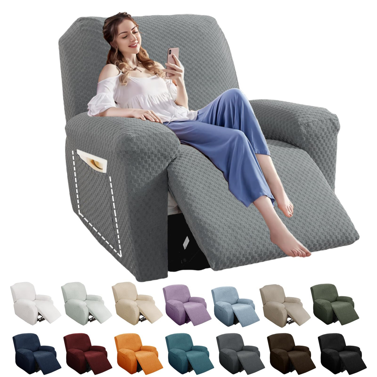 YEMYHOM 8 Pieces Stretch Recliner Sofa Cover Latest Jacquard Reclining Couch Cover with Side Pocket Anti-Slip Fitted 3 Cushion Furniture Slipcovers with Elastic Bottom (Sofa Recliner, Light Gray)