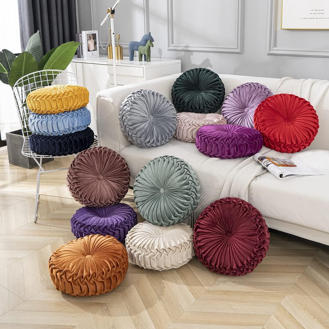 vctops Solid Velvet Seat Cushions Round Floor Pillows Thicken Chair Cushions Pleated Chair Pads Seat Pad Throw Pillows for Bedroom Living Room (Beige,Diameter 15")