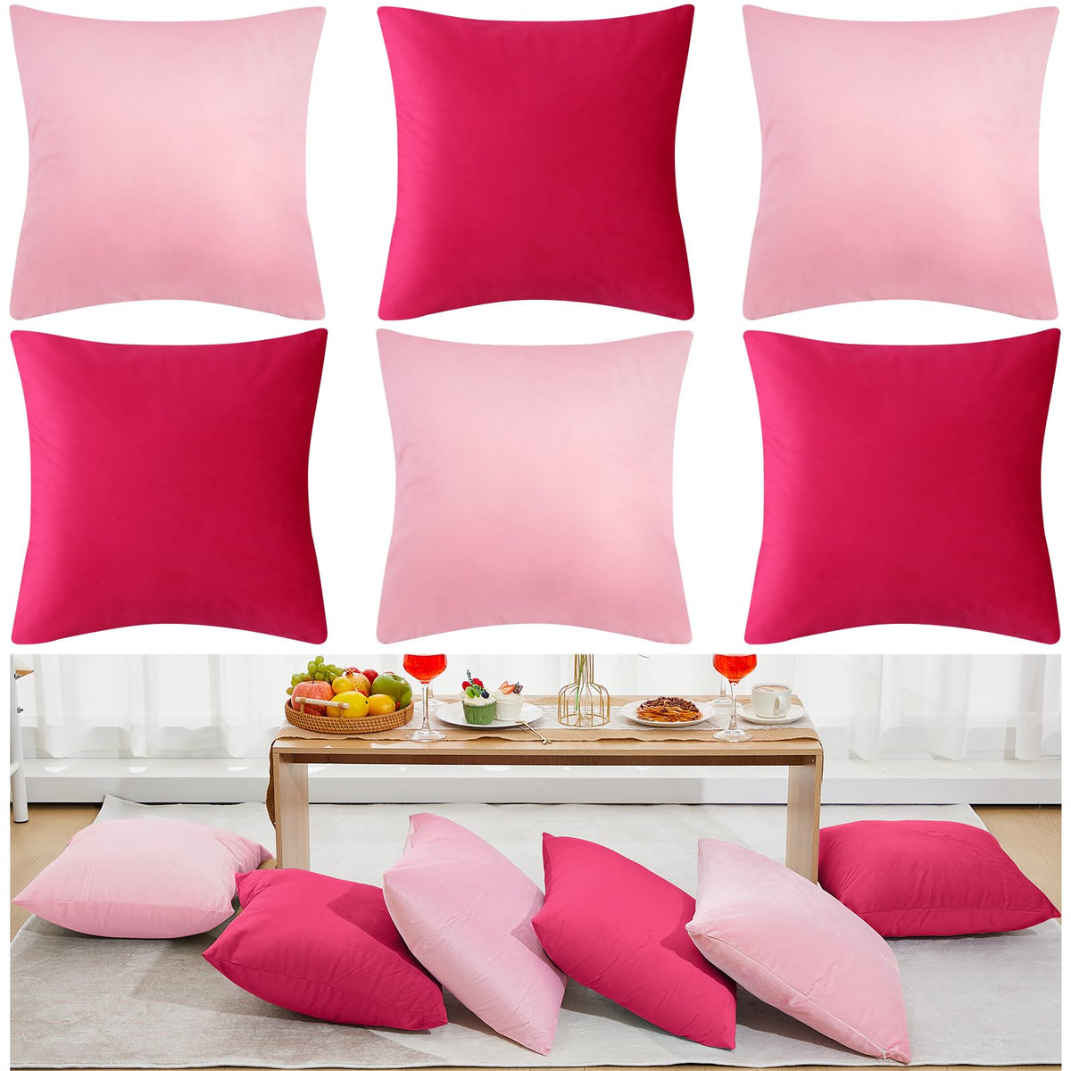 Berlune 12 Pcs Hot Pink Velvet Throw Pillow Cover 18x18 Picnic Cushion Case