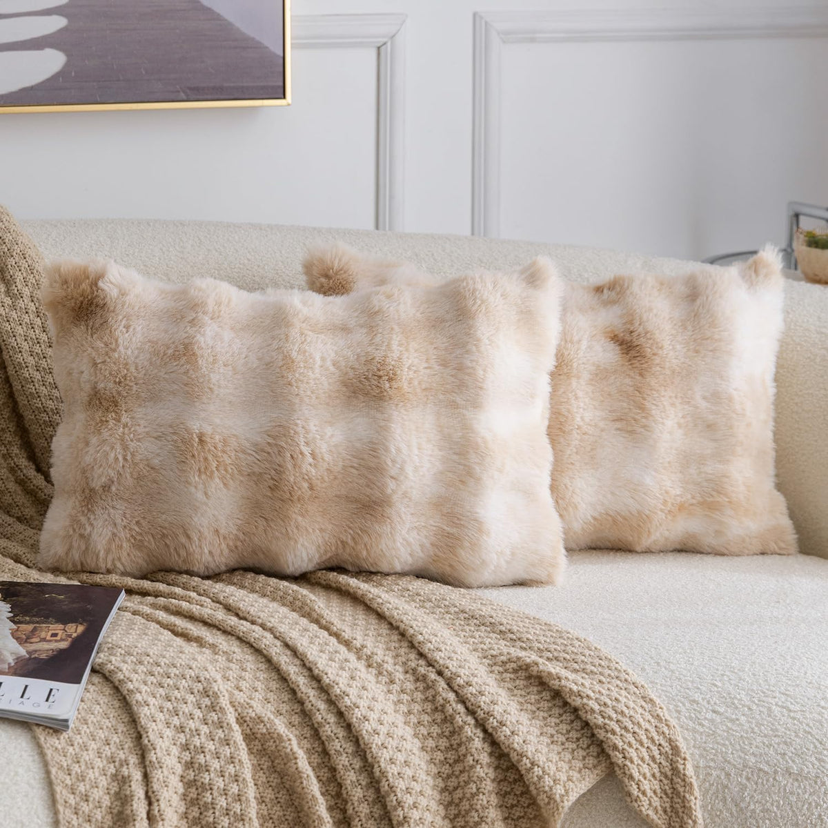 MADIZZ Pack of 2 Thick Plush Faux Wool Throw Pillow Covers Soft Boho Throw Pillows Luxurious Cushion Covers for Couch Sofa Bedroom Living Room Home Decor 18x18 Inch Cream