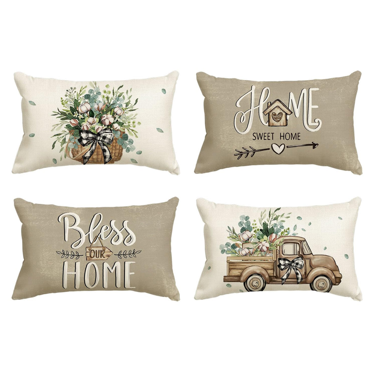 AVOIN colorlife Bless Our Home Eucalyptus Leaves Throw Pillow Covers, 18 x 18 Inch Spring Truck Cushion Case for Home Sofa Couch Set of 4