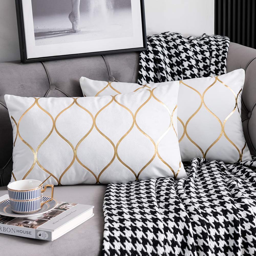 DEZENE Gold Velvet Throw Pillow Covers: 2 Pack 18x18 Inch Square Decorative Pillow Cases for Bedroom Sofa Couch Living Room, Light Grey