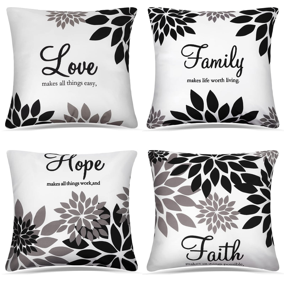 Tatuo 4 Pcs Flower Pillow Covers Square 18 x 18 Inch, Black Series