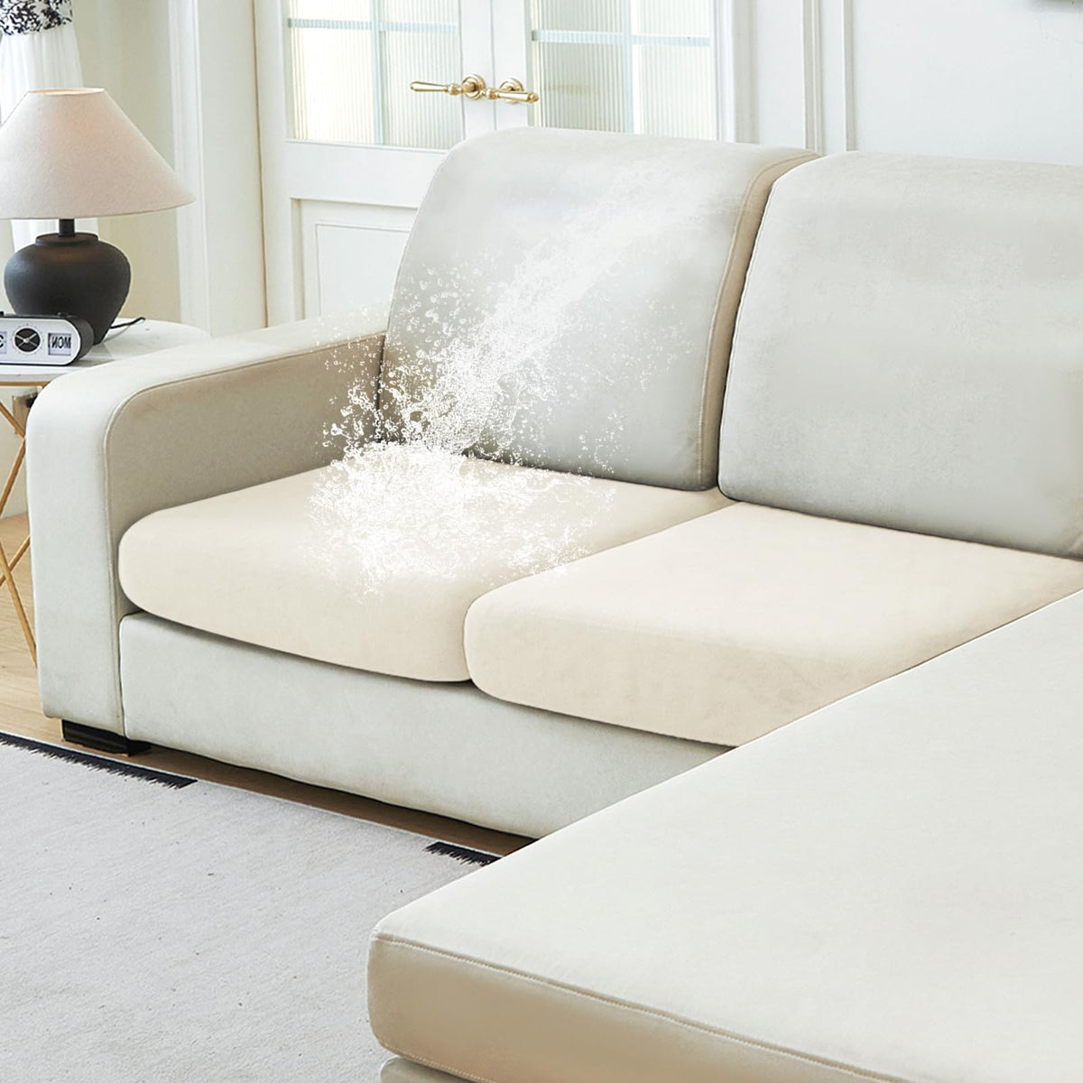 NAISI Waterproof Couch Cushion Covers Thick Velvet Fabric Washable Sofa Slipcovers Sectional Couch Covers for 4 Pieces Separate L Shape Couch Cover with Elastic Bottom(3 Seater + 1 Chaise,Grey)