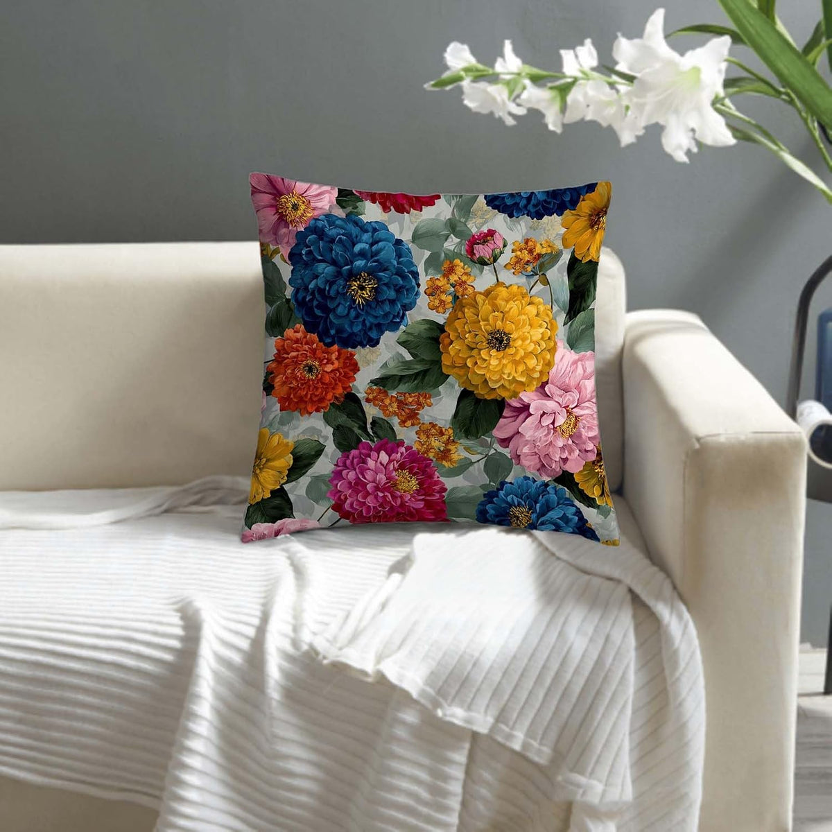 Floral Throw Pillow Covers 18x18 Set of 2, Cushion Covers, Decorative Square Pillowcases for Couch, Bedroom, Living Room(B)