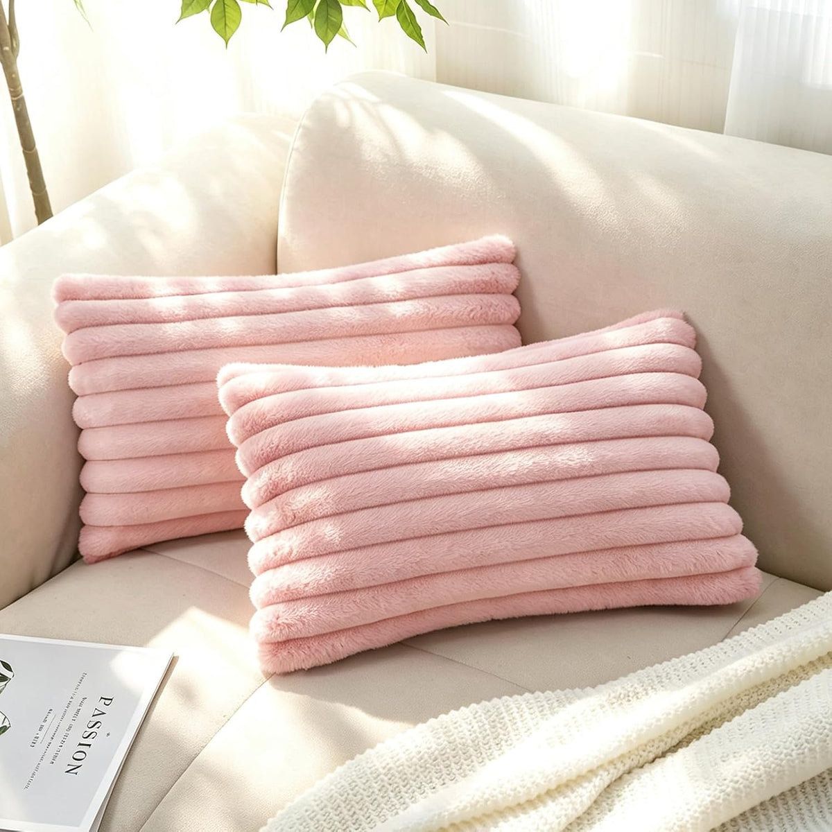 Pack of 2 Faux Fur Striped Decorative Throw Pillow Covers, Square Striped Cushion Covers, Modern Farmhouse Style Home Decor, Suitable for Living Room Sofas and Sofa Beds(Beige, 18" x 18")