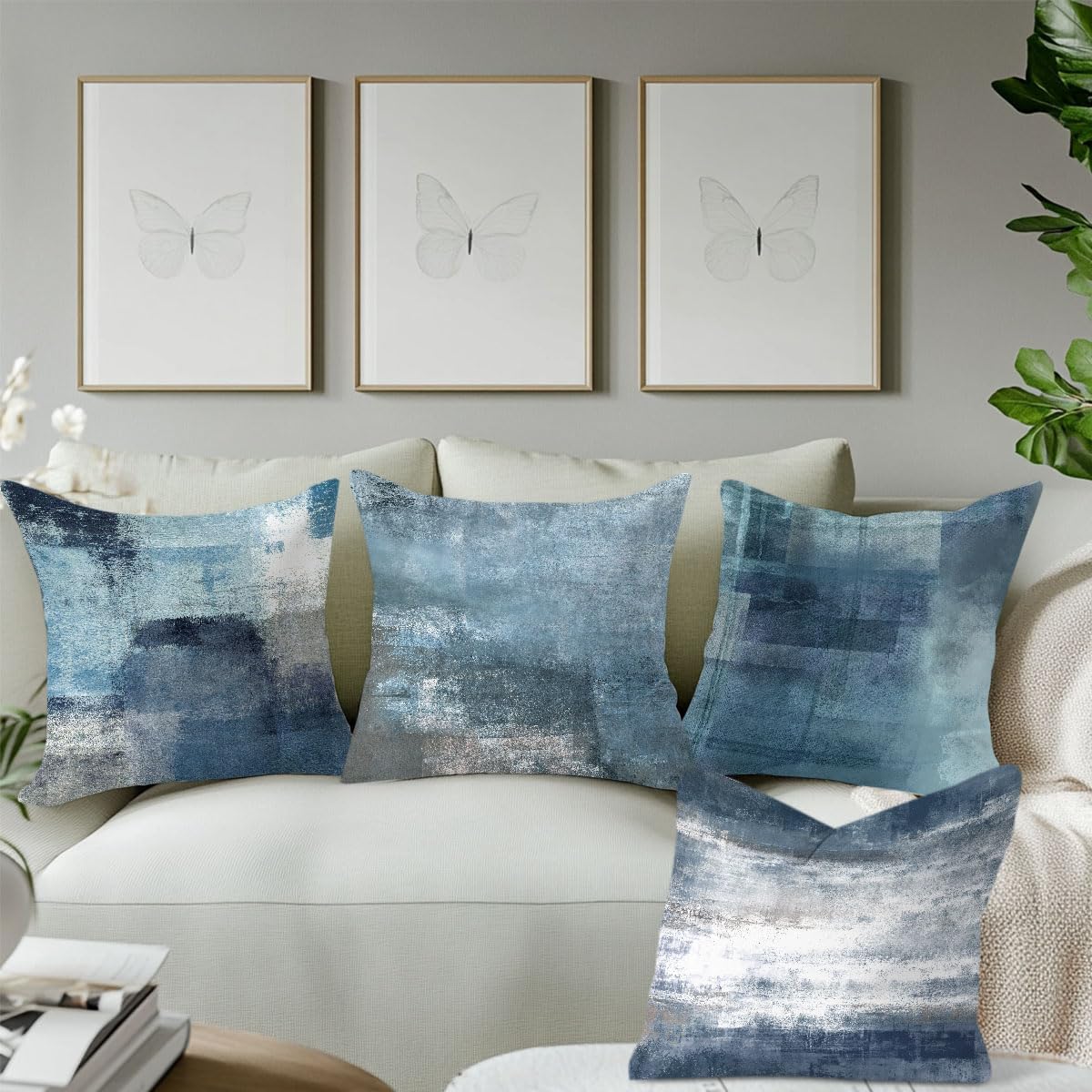 4Pcs Blue Grey Throw Pillow Covers, Dark Blue Throw Pillows Cushion Covers