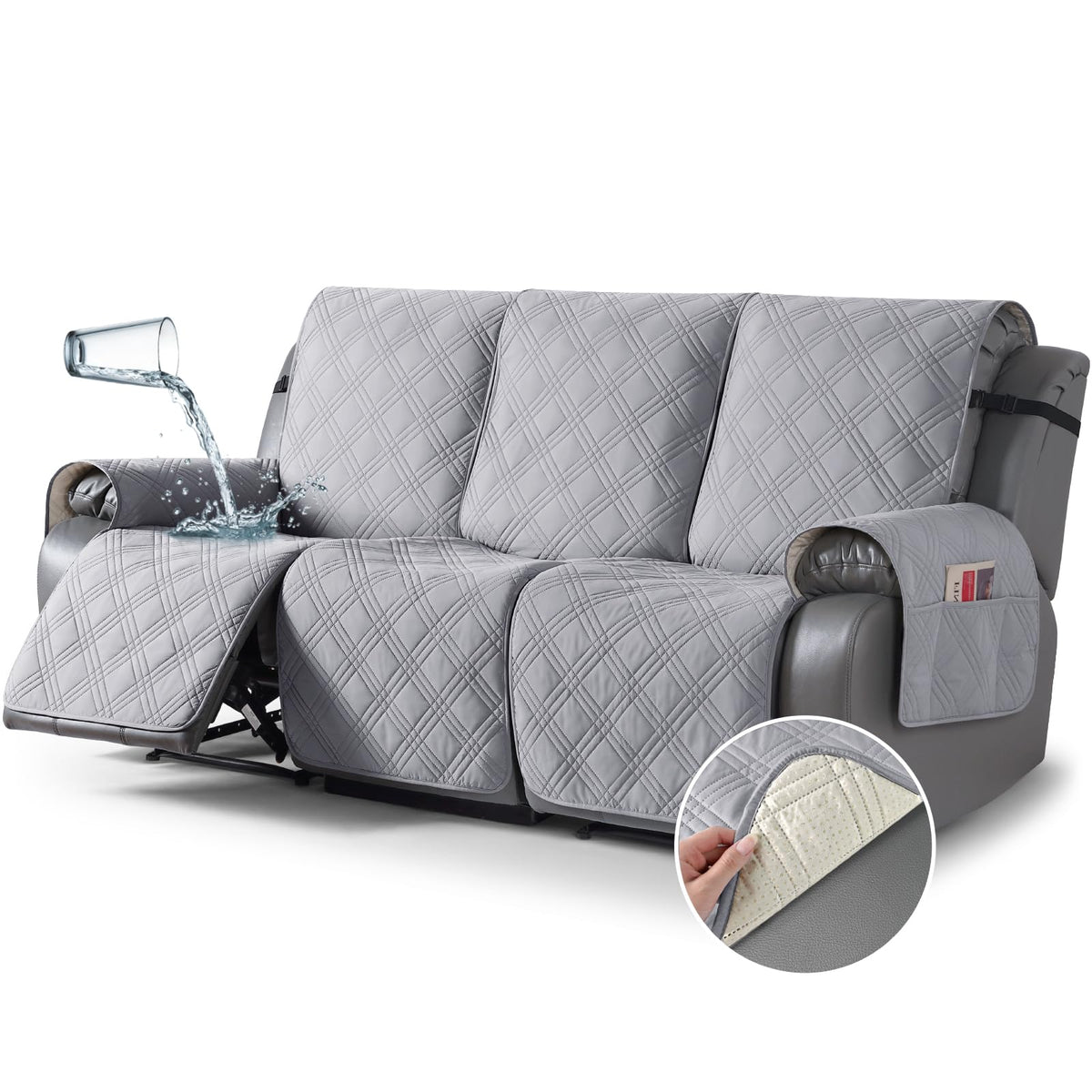 TAOCOCO 100% Waterproof Recliner Sofa Cover Non Slip Couch Cover for 3 Seat Reclining Sofa, Split Reclining Couch Covers 3-Piece with Straps, Washable Sofa Slipcover for Kids Pets(3 Seater, Chocolate)