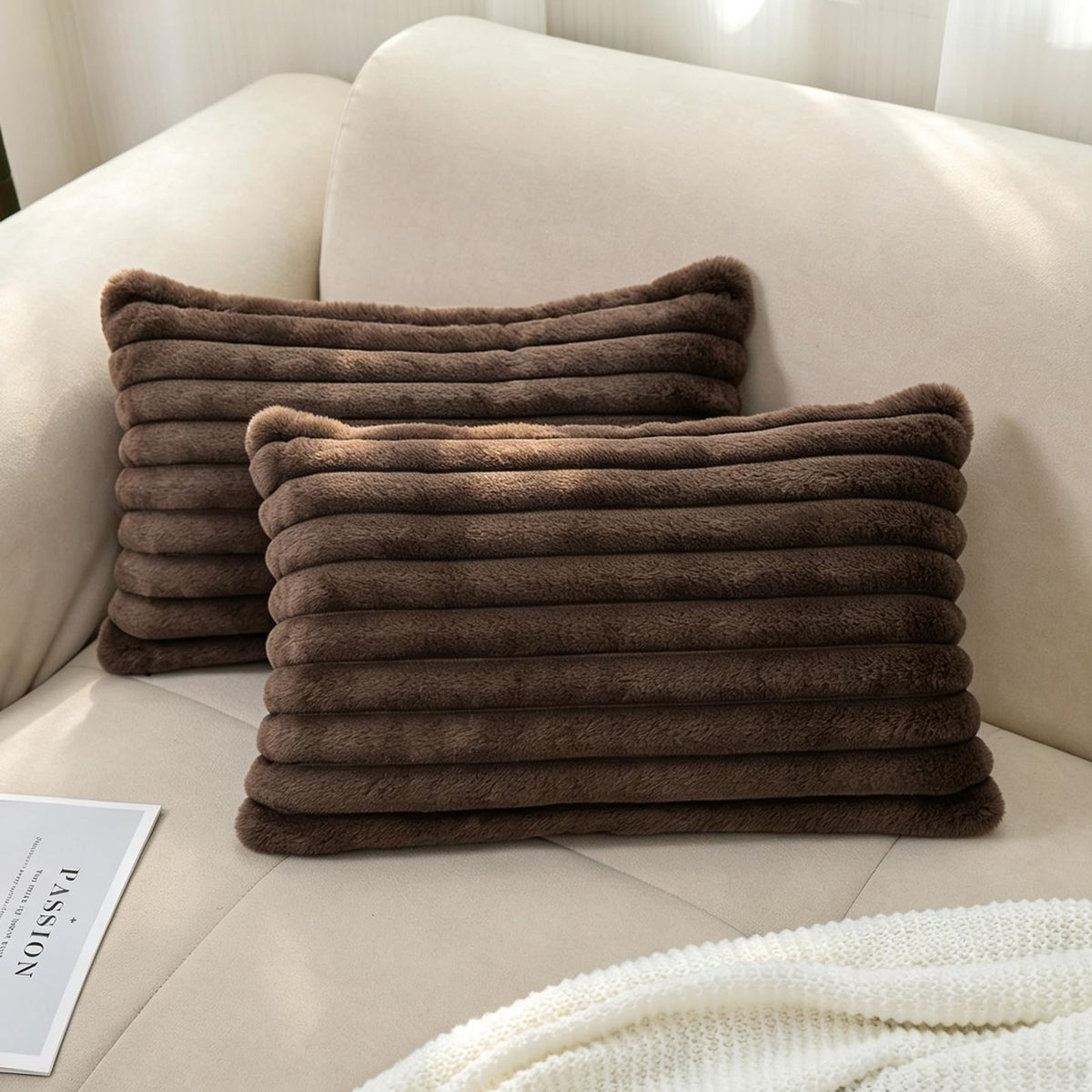 Pack of 2 Faux Fur Striped Decorative Throw Pillow Covers, Square Striped Cushion Covers, Modern Farmhouse Style Home Decor, Suitable for Living Room Sofas and Sofa Beds(Beige, 18" x 18")