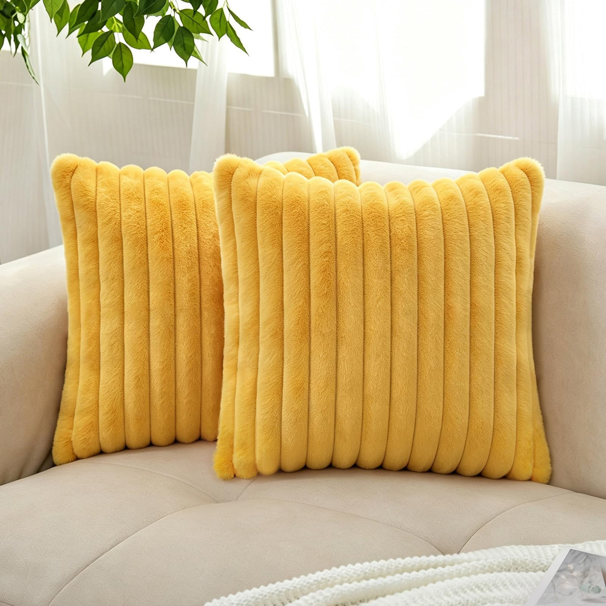 Pack of 2 Faux Fur Striped Decorative Throw Pillow Covers, Square Striped Cushion Covers, Modern Farmhouse Style Home Decor, Suitable for Living Room Sofas and Sofa Beds(Beige, 18" x 18")