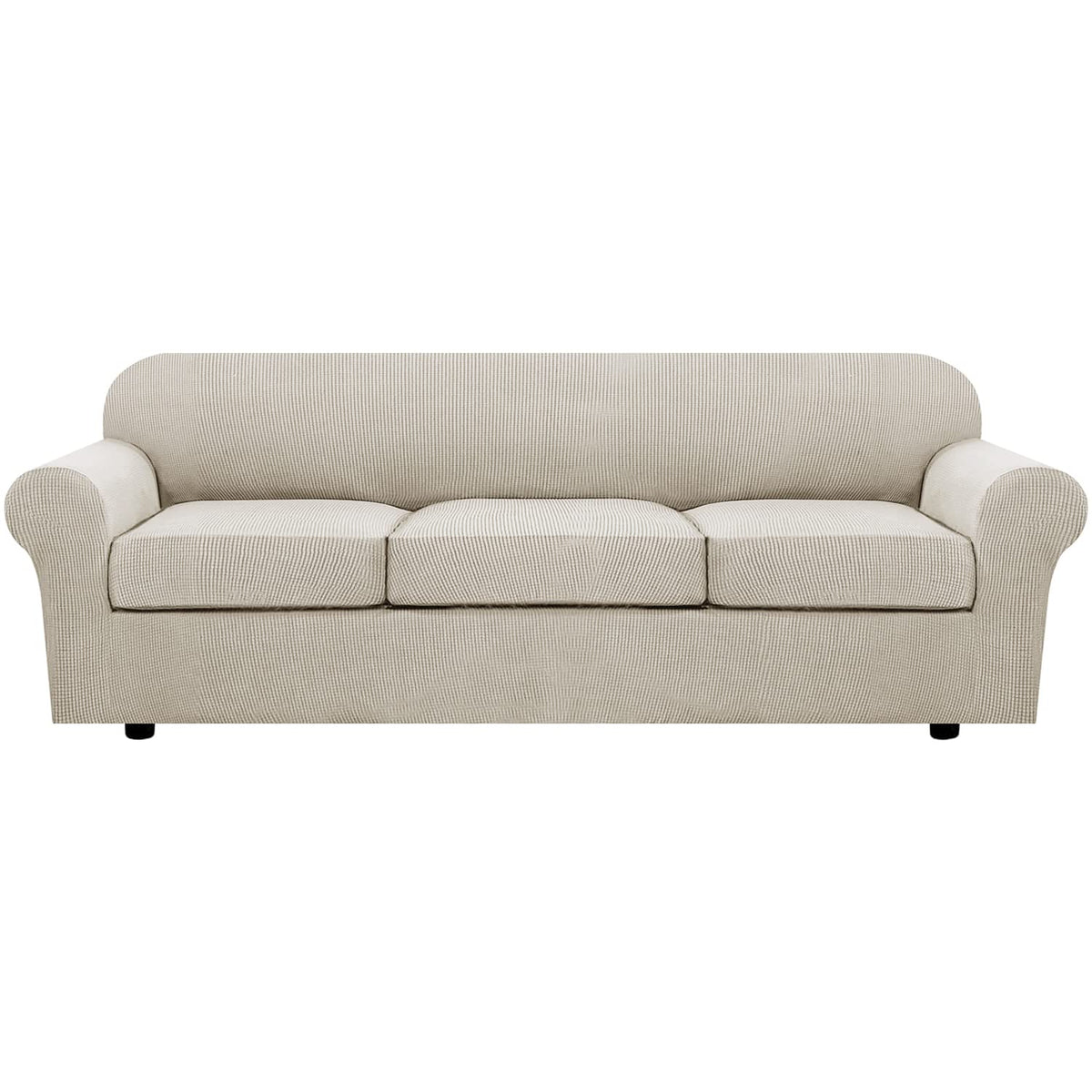 H.VERSAILTEX 4 Piece Stretch Sofa Covers for 3 Cushion Couch Covers for Living Room Slipcovers (Base Cover Plus 3 Seat Cushion Covers) Upgraded Thicker Jacquard Fabric (Sofa, Sand)
