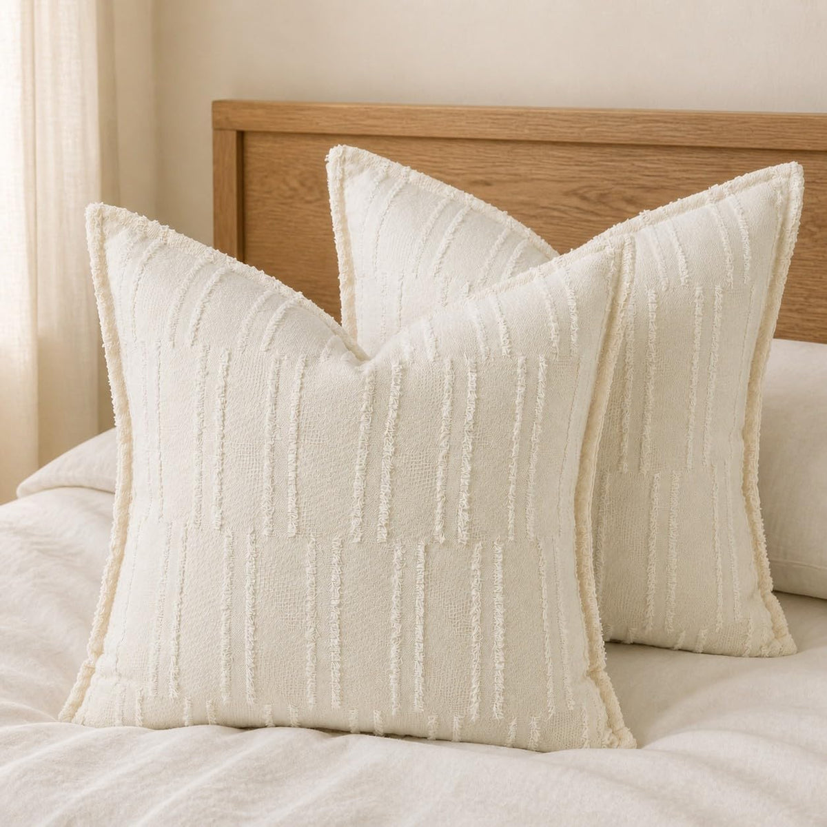 CROWNED BEAUTY Farmhouse Boho Textured Throw Pillow Covers, 20x20, Cream