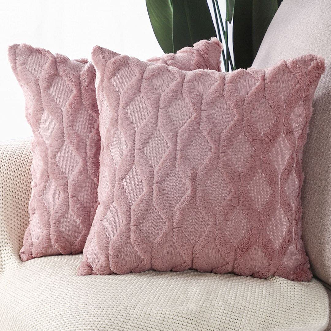 MADIZZ Set of 2 Soft Polyester Short Wool Velvet Decorative Throw Pillow Covers 18x18 inch Beige Square Luxury Style Cushion Cases Pillow Shell for Sofa Bedroom